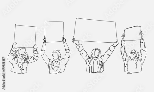 set of several protesters holding and lifting empty boards with one continuous line drawing style. editable stroke. vector illustration.