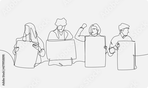 set of protesters holding blank board with one single continuous line drawing style. editable stroke. vector illustration.