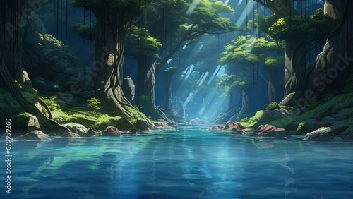 Tropical green nature rainforest with sparkling river water. Cartoon or anime illustration style. seamless looping 4K time lapse virtual video animation background. Generated with AI