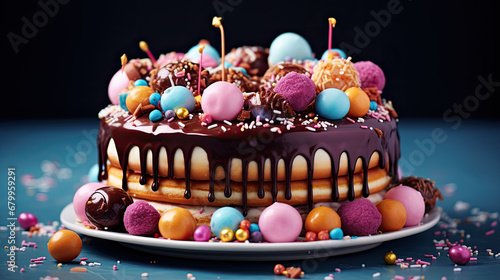 birthday cake with candles, Birthday colorful cake decorated with sweets poured with chocolate on a dark blue background