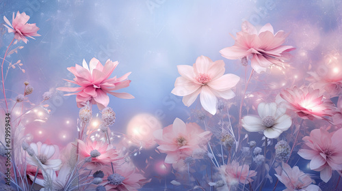 flowers in the morning light, spring flowers, Beautiful abstract pink blue pastel  floral design background banner