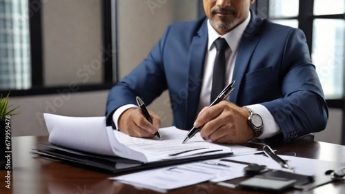 Businessman validates and manages business documents and agreements photo