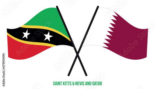 Saint Kitts & Nevis and Qatar Flags Crossed And Waving Flat Style. Official Proportion.