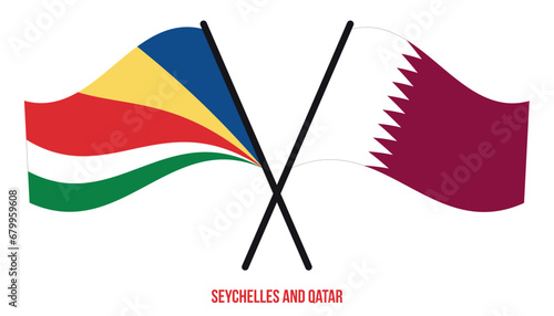 Seychelles and Qatar Flags Crossed And Waving Flat Style. Official Proportion. Correct Colors.