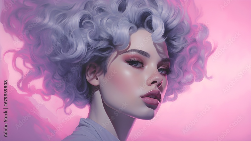 Woman with Curly Hair and Pink-Purple Sky Background. Woman with Curly Hair and Pink-Purple Gradient Background. Dreamy Portrait of White-Haired Woman with Pink Background. Generative AI