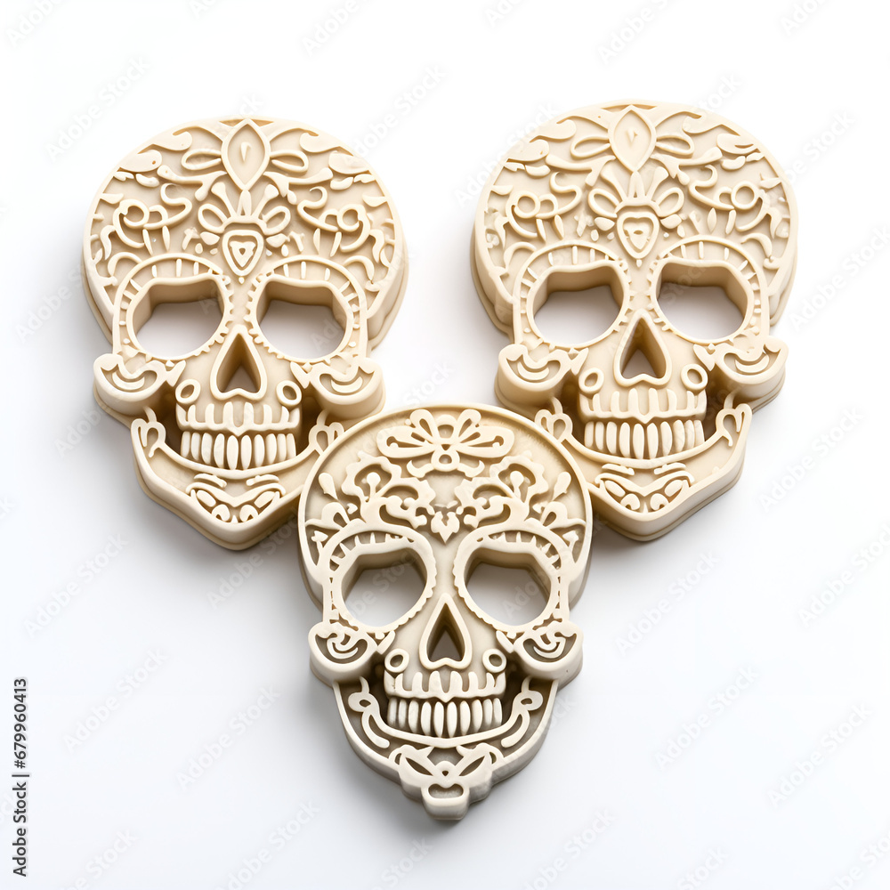 carnival mask on a white background, Close up of Human skull sculpture on isolated white background Front view of human skull, Halloween skull cookie isolated on white background

