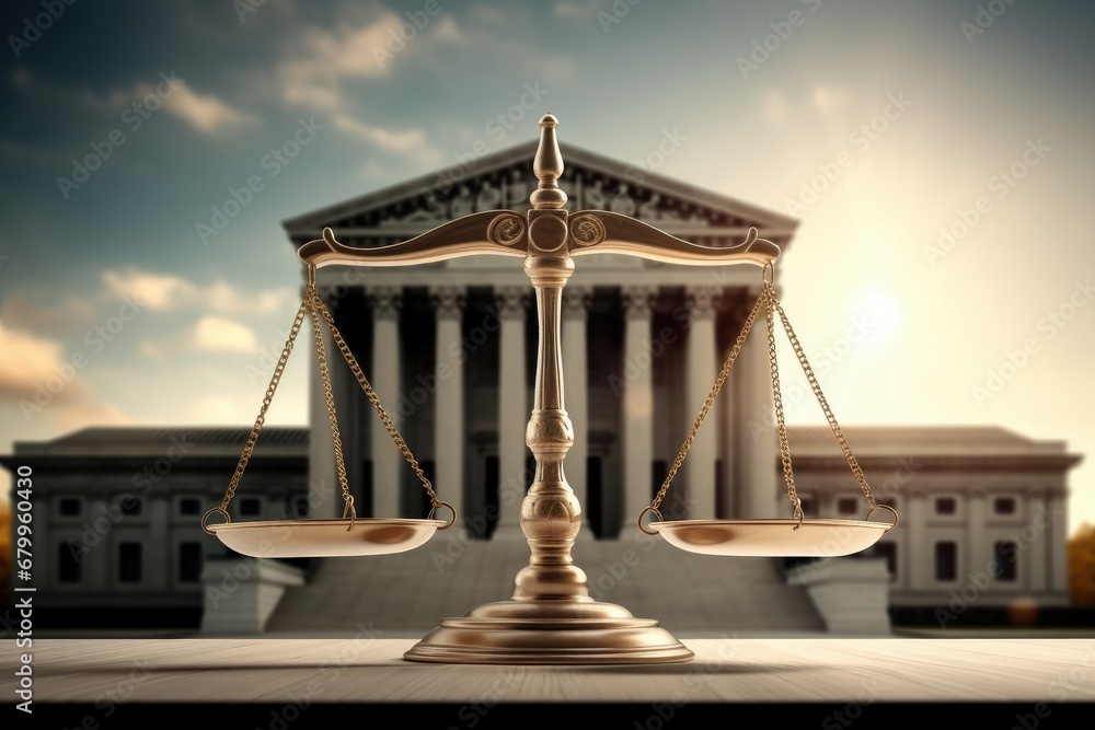 Justice Scales on a wooden table in front of the Capitol building.

 Generative AI