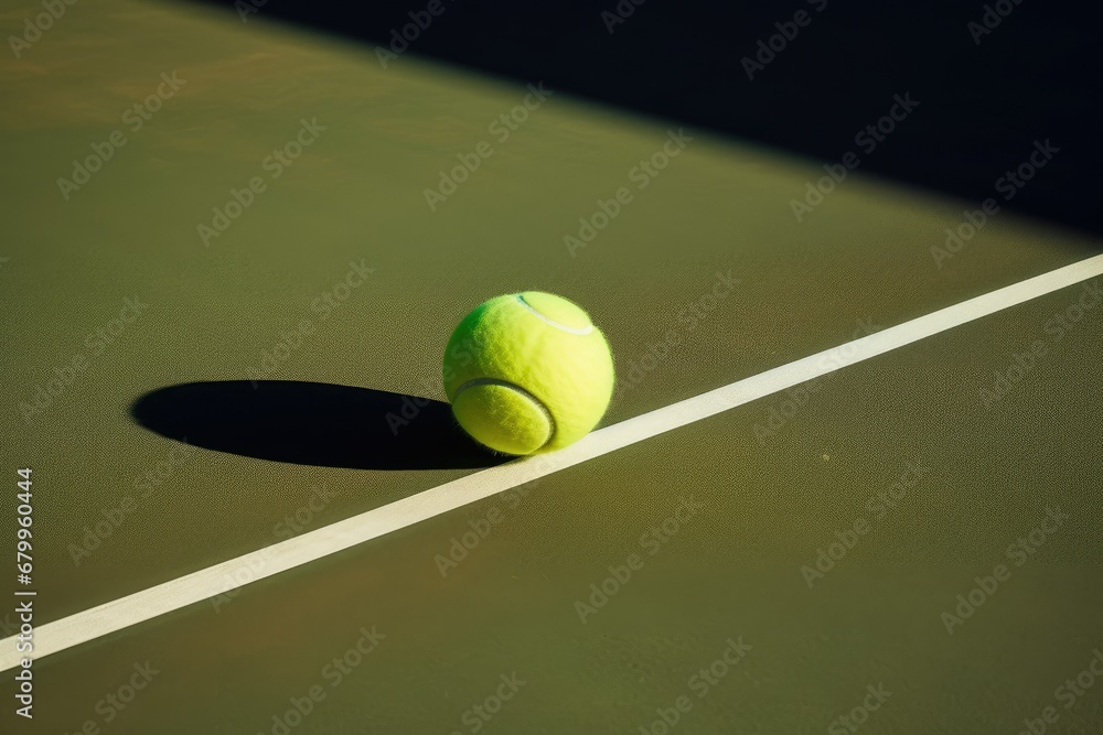 Tennis ball on the court with a hard shadow on the floor.

 Generative AI