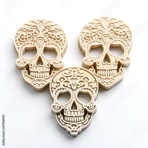 carnival mask on a white background, Close up of Human skull sculpture on isolated white background Front view of human skull, Halloween skull cookie isolated on white background