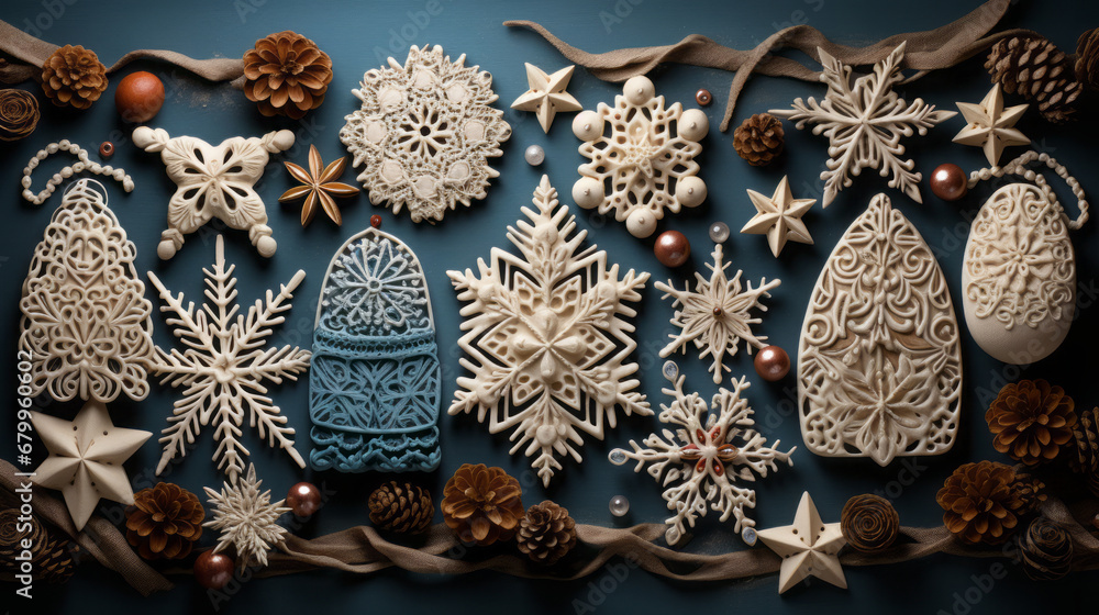 Handmade Holidays: A card with handmade holiday elements: paper snowflakes, homemade biscuits and crocheted stockings. Handmade Holidays: A card with handmade holiday elements: paper snowflakes, homemade biscuits and crocheted stockings.