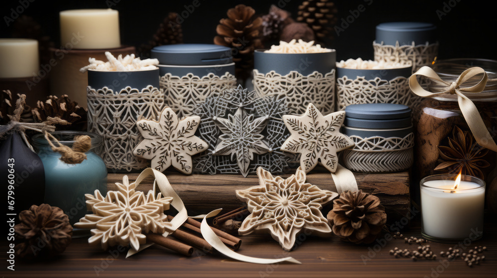 Handmade Holidays: A card with handmade holiday elements: paper snowflakes, homemade biscuits and crocheted stockings. Handmade Holidays: A card with handmade holiday elements: paper snowflakes, homemade biscuits and crocheted stockings.