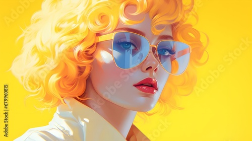 Golden Curls: A Portrait in Yellow, A Portrait of a Model with Golden hair and Fancy Sunglasses with A Yellow Background. Generative AI