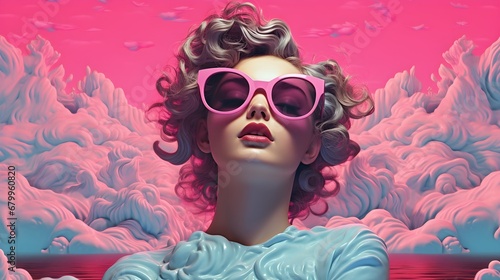 Classical Reverie: Elegant Model with a Pink Sunglasses in a Surreal Dreamscape. Generative AI