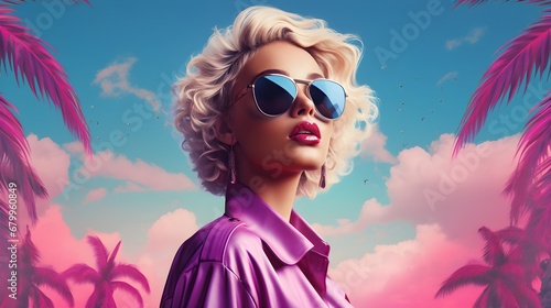 Tropical Elegance: A Woman In Sunglasses Amidst Palm Trees Under the Vibrant Sky. Generative AI
