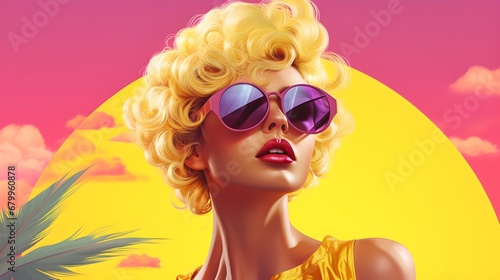A Woman with Sunglasses and a Retro Hairdo on a Colorful Background with Palm Fronds. A Retro Styled Woman with Blonde Curls and a Yellow Dress on a Pink Background. Generative AI