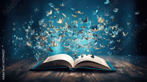 open book with magic light, A blue open book with pages butterfly flying from it.