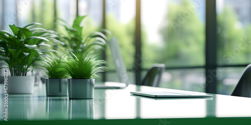 Interior of modern office with green plants office desk in the style of simplistic
