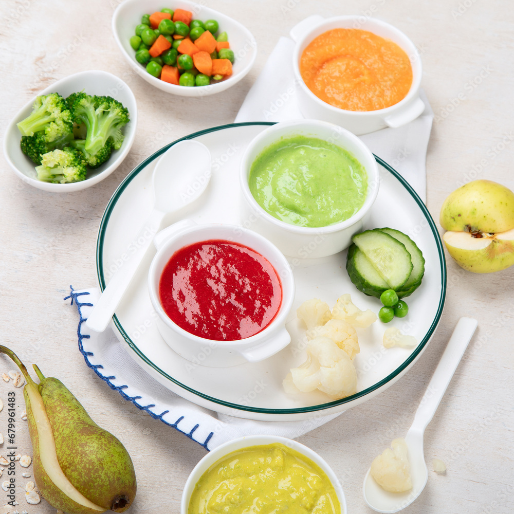 Baby food. Colorful vegetable and fruit puree. Baby food. Colorful vegetable and fruit puree.