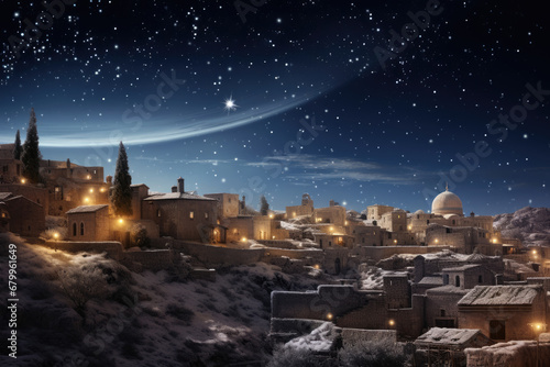 Christmas star over city of Bethlehem. Nativity story. Birth of Jesus Christ. Beautiful dark blue starry sky and bright star background