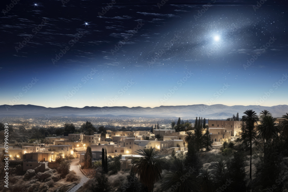 Christmas star over city of Bethlehem. Nativity story. Birth of Jesus Christ. Beautiful dark blue starry sky and bright star background