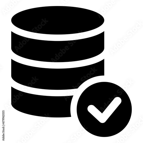Black single database confirmed icon, simple digital data with checkmark flat design svg pictogram, infographic interface elements for app logo web button ui ux isolated on white background