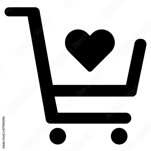 Black single add to favourite cart line icon, simple shopping cart with heart mark flat design vector pictogram, interface elements for app logo web button ui ux isolated on white background