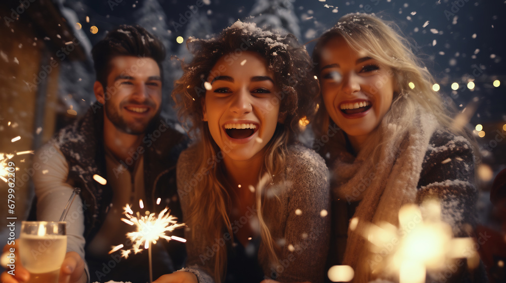 Obraz premium Group of happy young friends holding sparklers at a new year's eve party