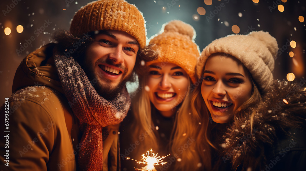 Group of happy young friends holding sparklers at a new year's eve party Group of happy young friends holding sparklers at a new year's eve party
