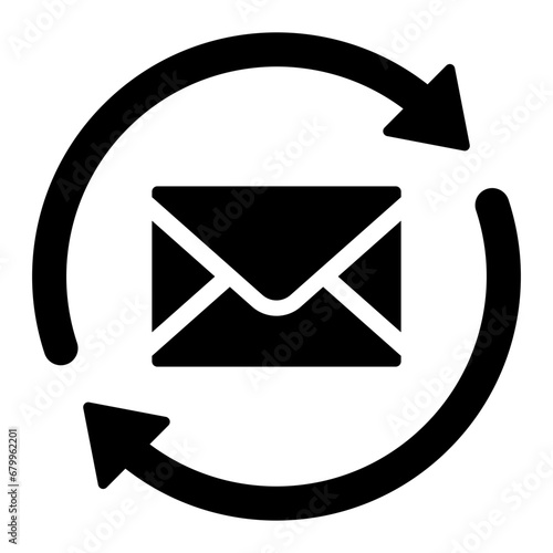 Black email with arrow rotation line icon, simple letter optimization recovery flat design vector pictogram, interface elements for app logo web button ui ux isolated on white background
