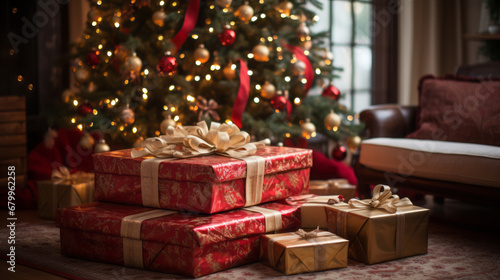Under the Christmas Tree: Lots of wrapped gifts under a beautifully decorated Christmas tree. 