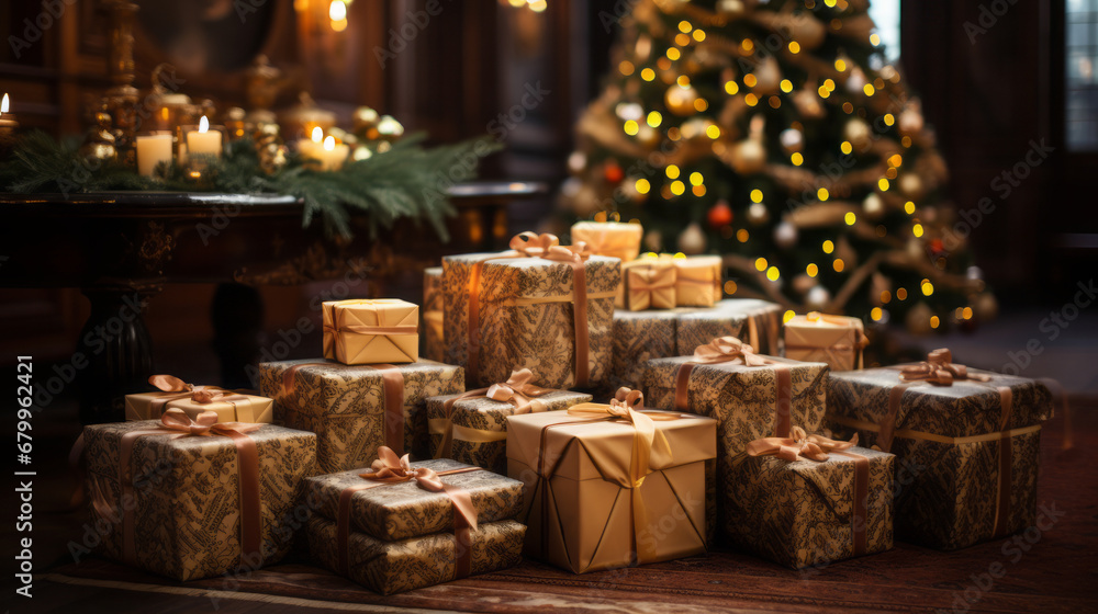 Under the Christmas Tree: Lots of wrapped gifts under a beautifully decorated Christmas tree. 