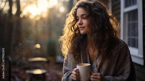 Young woman smiling standing on the porch enjoying her cup of coffee during winter morning