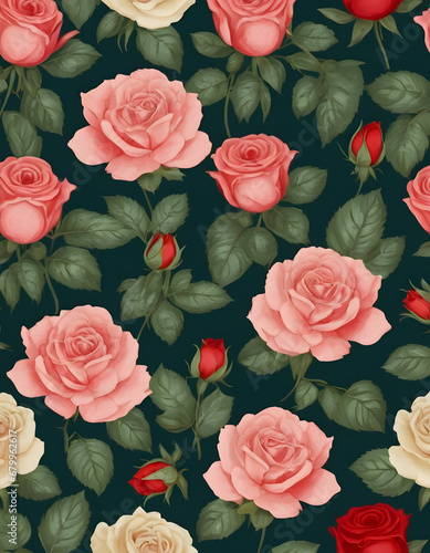 Elegant Vintage Floral Pattern Featuring Blooming Roses and Budding Florals with Lush Foliage on a Stylized Background, Perfect for Textile Design, Wallpaper, and Home Decor Accents