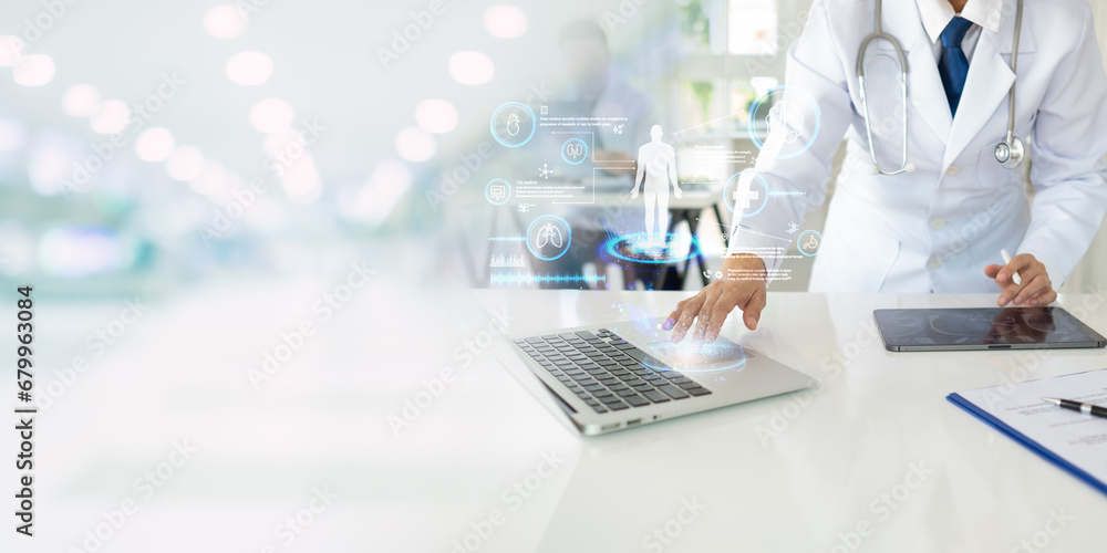 © utah51 - Medicine doctor using computer laptop show virtual electronic medical record for medical technology and  futuristic healthcare Innovation concept.