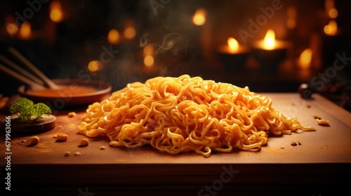 noodles are sitting on top of a wooden board