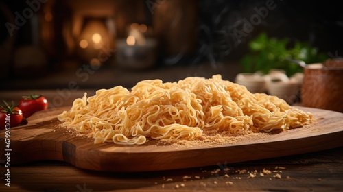 noodles are sitting on top of a wooden board photo