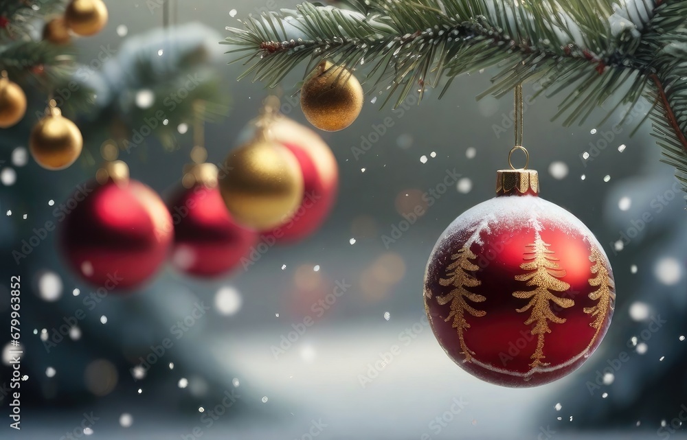 Christmas tree with red and gold baubles hanging from it's branches in front of a snowy background Christmas tree with red and gold baubles hanging from it's branches in front of a snowy background