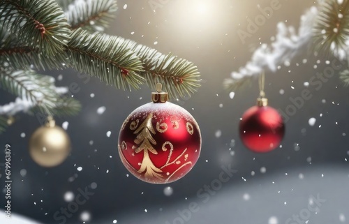 Christmas tree with red and gold baubles hanging from it's branches in front of a snowy background