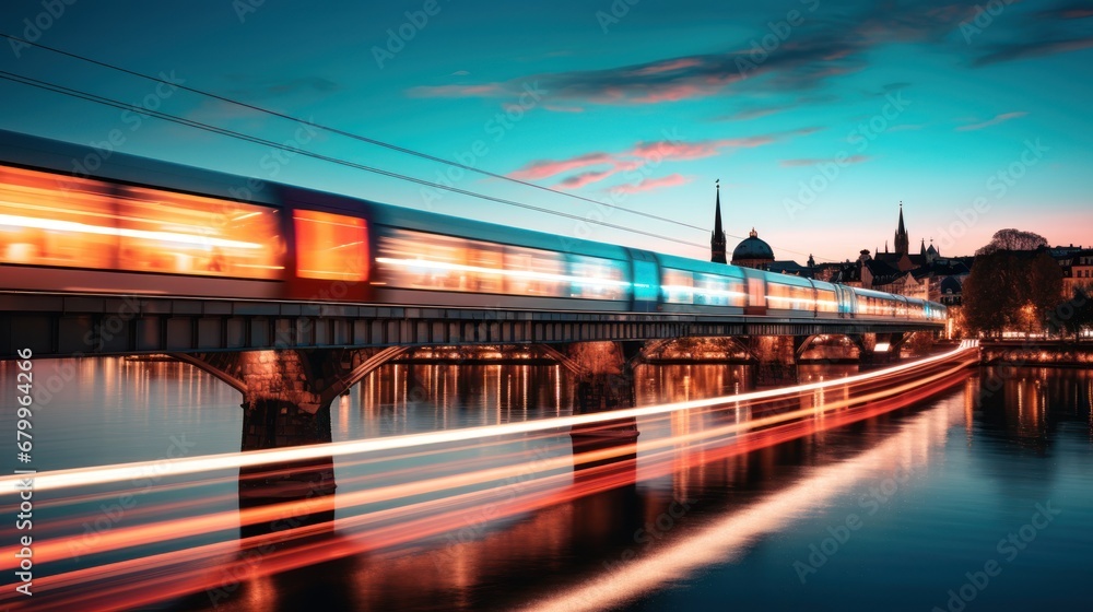 Obraz premium Train in the city at night. Blurred motion of train.