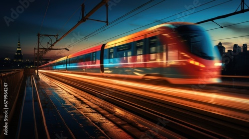 Train in the city at night. Blurred motion of train.