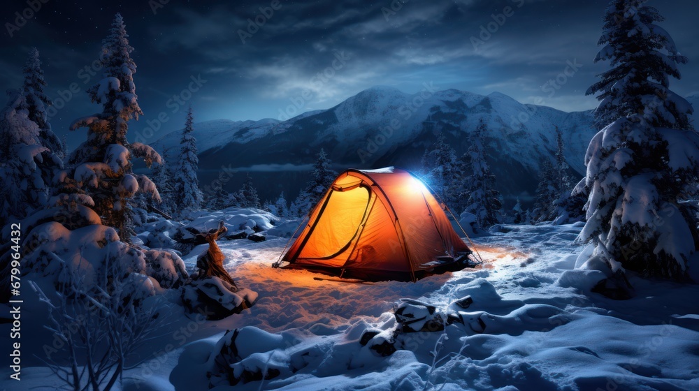 tent in the snow at night