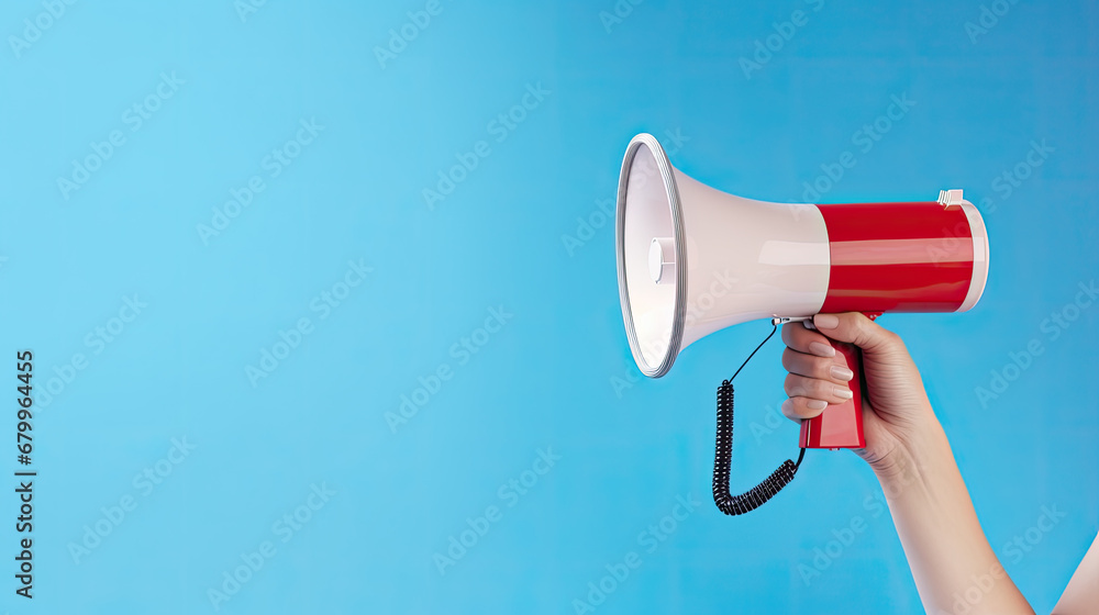person with megaphone, Megaphone in woman hands on a blue background., person shouting into megaphone,
