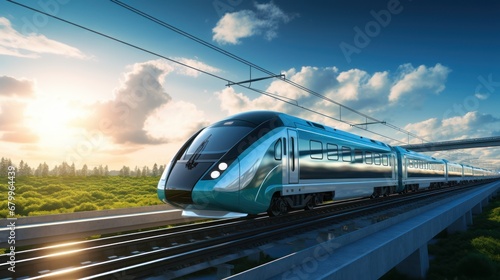 Modern high-speed train on the background of blue sky with clouds.