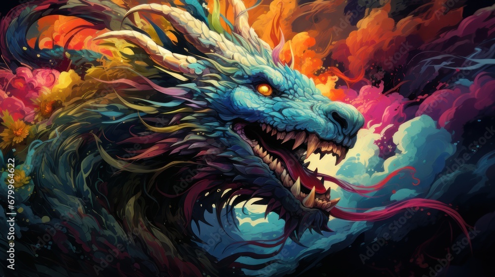 surrealism, fabulous colorful dragon - obrazy, fototapety, plakaty 