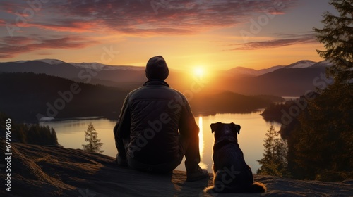 Man and his dog sitting on the edge of a mountain lake at sunset © ladaz