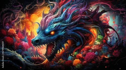 surrealism, fabulous colorful dragon