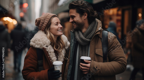 Young couple wearing winter clothes smiling walking in city street holding cups with hot drinks, outdoors city market on background