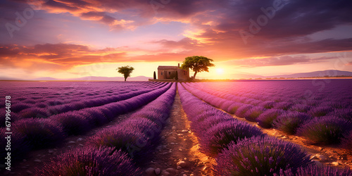 Lavender field at sunset with a sunset in the background,, Sunset Glow Over Lavender Blossoms Generative Ai