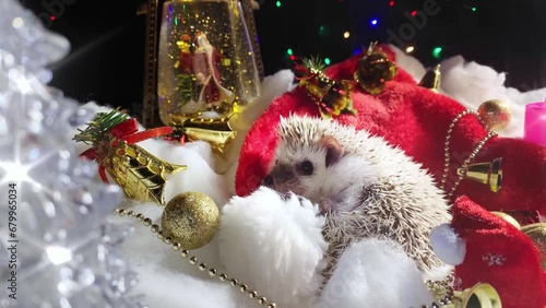 Christmas animal hedgehog with glittery Christmas lights, new year decorations, red and white background 