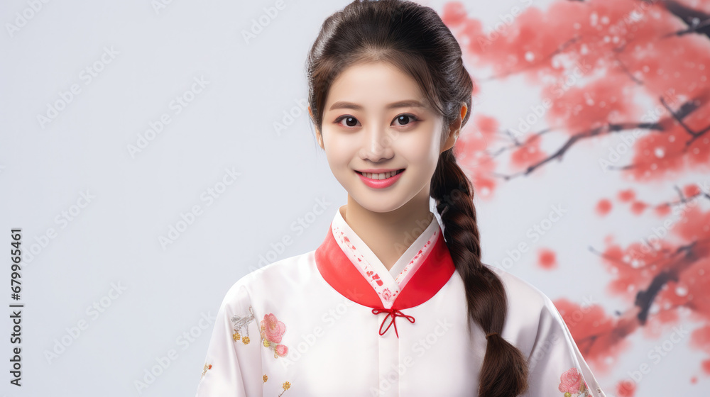 Fashion smiling Asian girl wearing Chinese traditional clothing, Chinese spring festival, Chinese new year Fashion smiling Asian girl wearing Chinese traditional clothing, Chinese spring festival, Chinese new year